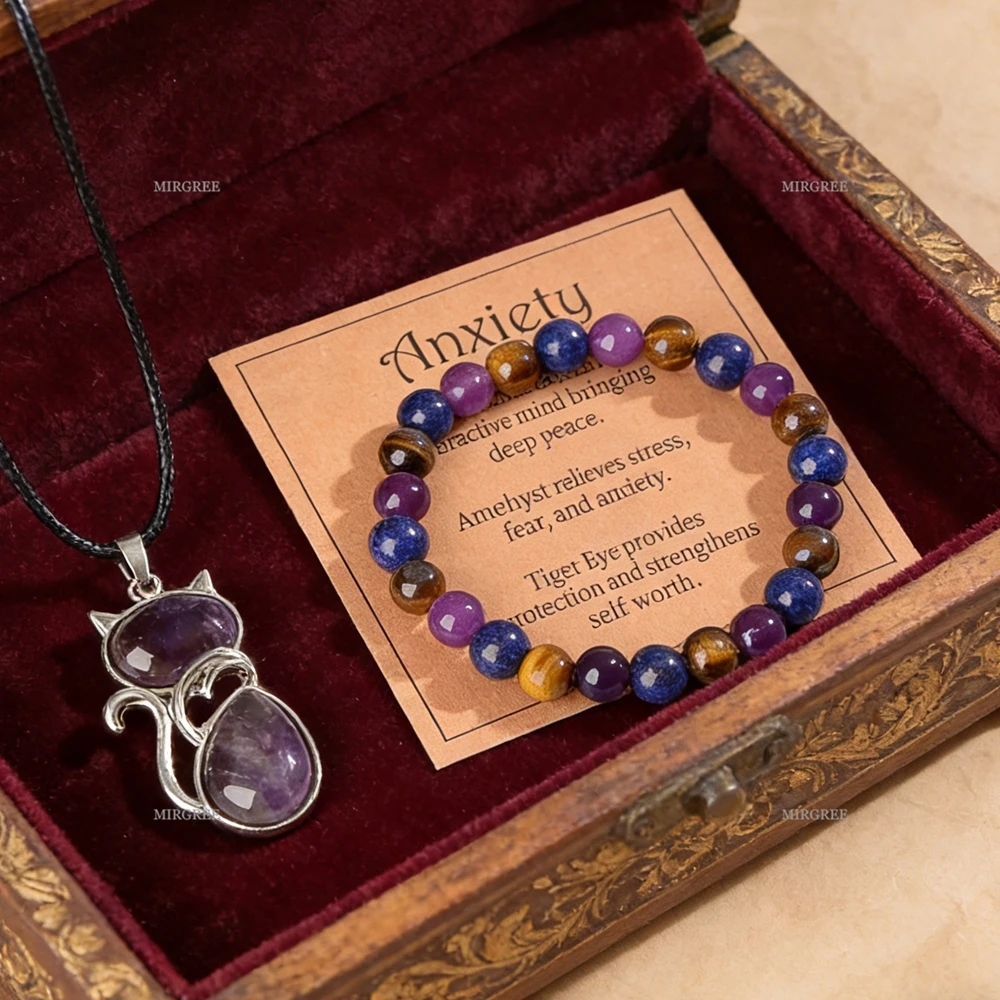 2pcs Anxiety Relief Set: Bead Bracelet+pendant Necklace, Natural Gemstone Jewelry, Relieve Stress and Enhance Self-worth