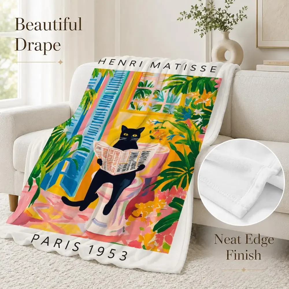 Black Cat on Toilet Throw Blanket Soft Flannel Throw Lightweight Summer Home Nap for Office Travel Sofa Bed