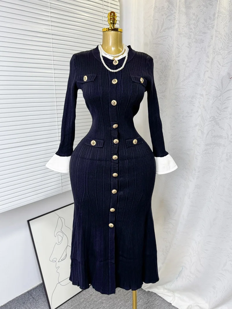 Elegante Breien Zeemeermin Jurk Lente Kleding Vrouwen Lange Mouw Button Up Lange Trui Jurken Vintage Gebreide Jurk Gewaad Femme