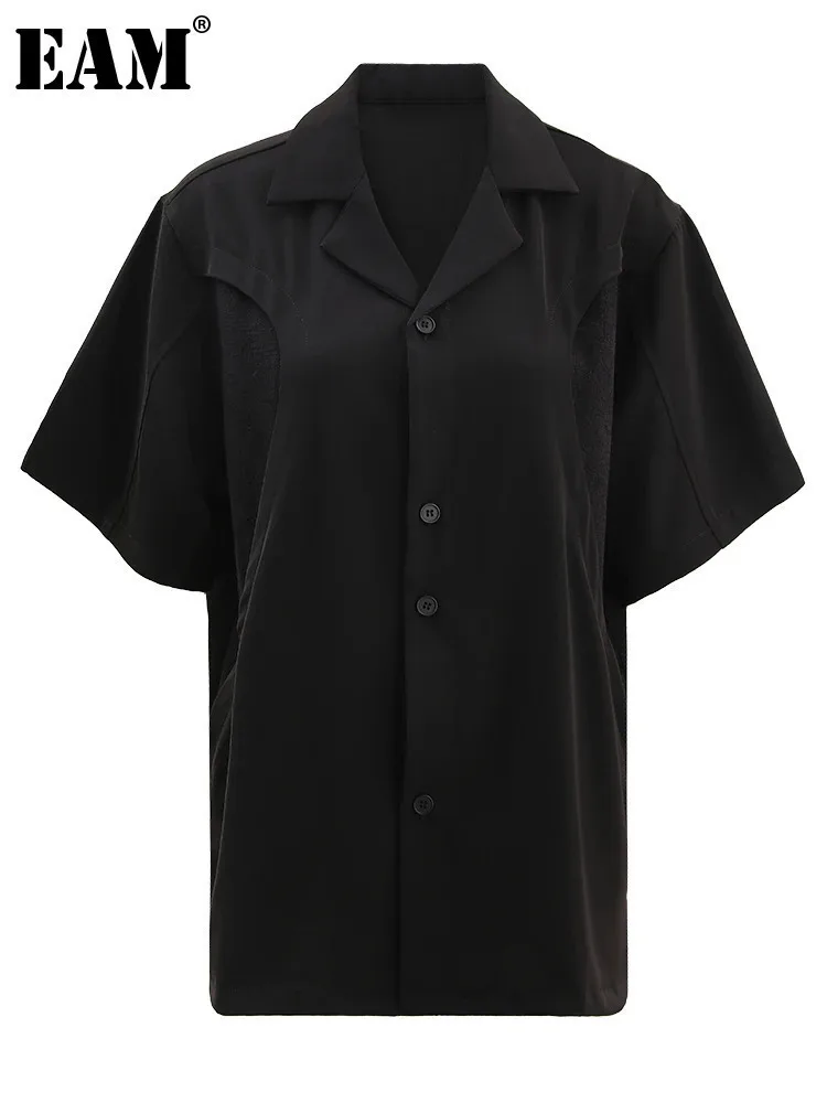 

[EAM] Women Black Irregular Spliced Big Size Blouse New Lapel Short Sleeve Shirt Fashion Tide Spring Summer 2024 CPG1582