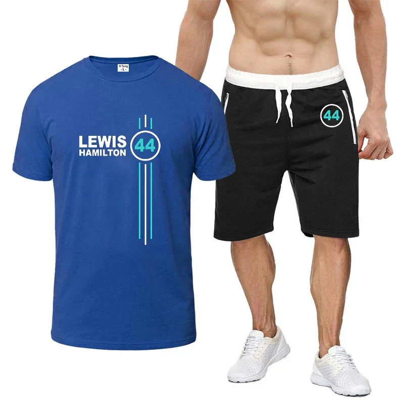 F1 Driver Lewis Hamilton Digital 44 Men's Leisure Comfortable Short Sleeved Harajuku Style Solid Color T-shirt Tops + Shorts Set