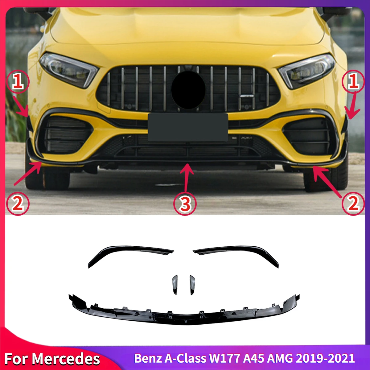 

For Mercedes Benz A-Class W177 A45 AMG 2019- 2021 Car Front Bumper Lip Spoiler Splitter Body Kit Canard Trim Auto Parts Tuning