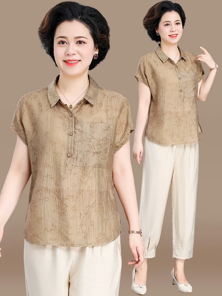 

Summer Faionable Cotton Linen Set ort Sve Loose Fit Ne Two-Piece Women's Clothing for Middle-Aged And ly