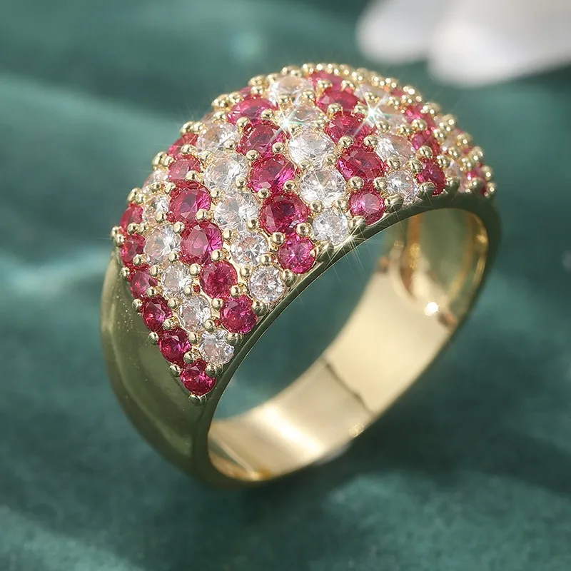 Wunderschöner eingelegter weiß-rosa CZ-Damenring, ästhetische geometrische Form in Goldfarbe, für den täglichen Gebrauch, Partyschmuck, Jubiläumsgeschenk – Detail 4