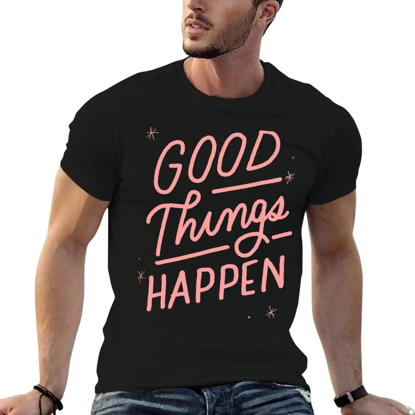 Good things happen inspirational quote hand lettering with stars design T-Shirt essential t shirt man t shirts graphic T-Shirt