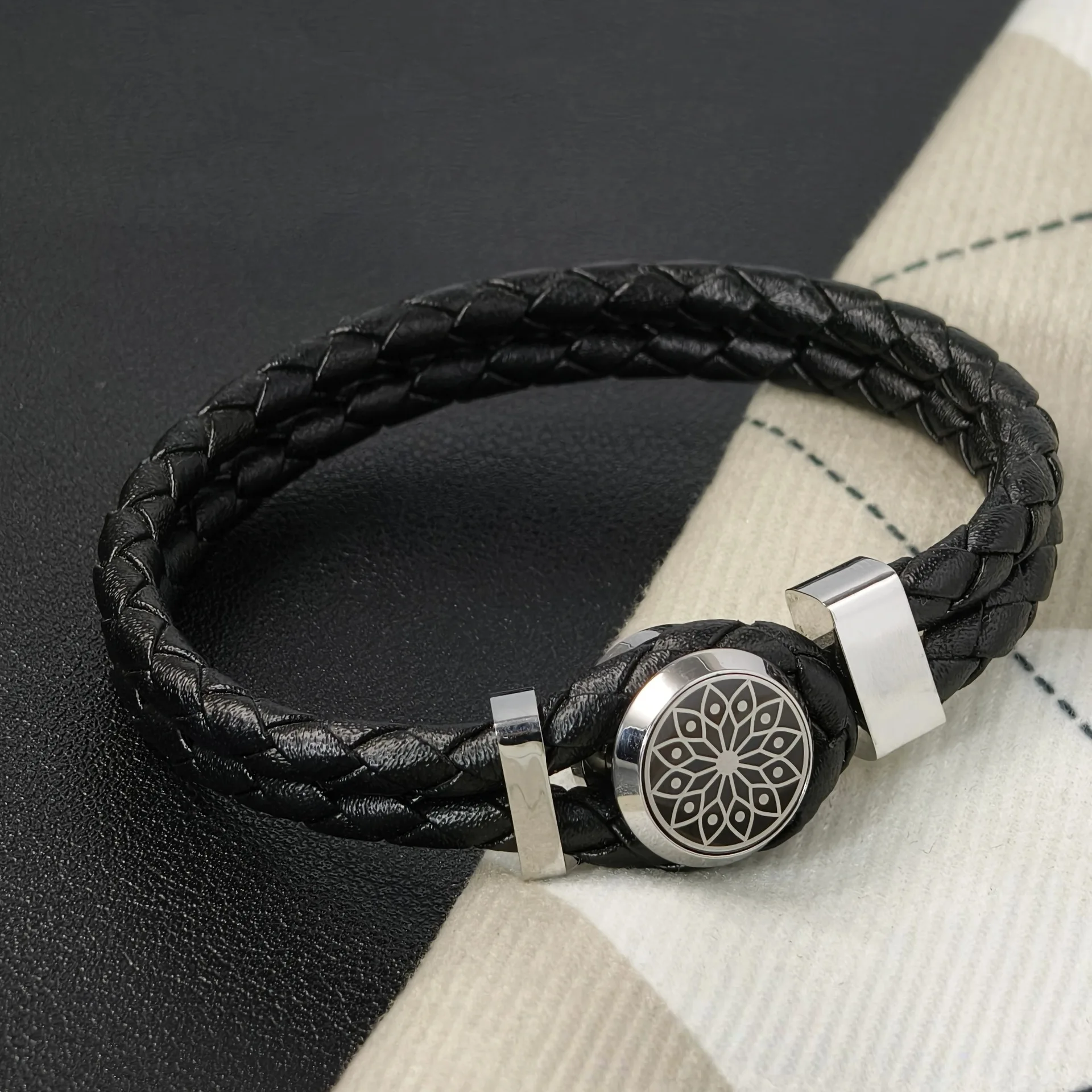 

MB Style Men's Bracelet - Stainless Steel & Leather Rope Adjustable Wristband - Trendy Gift