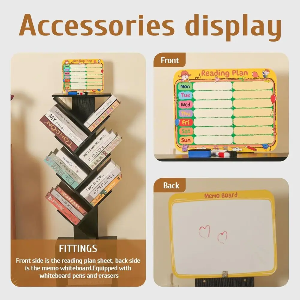 7 Tier Tree Book shelf, Small Bookcase with Reading Planner and Activity Panel, Modern Floor Standing Corner Tall Narrow Storage