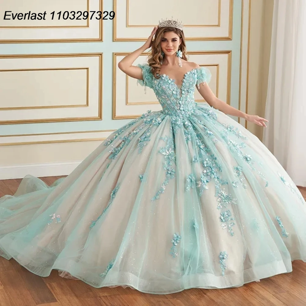 EVLAST Customized Lavender Quinceanera Dress Ball Gown Lace Applique Beading Mexico Cape Sweet 16 Vestidos De 15 Anos TQD844