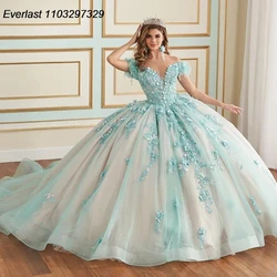 EVLAST Customized Champagne Mint Quinceanera Dress Ball Gown Lace Applique Beading Mexican Corset Sweet 16 Vestidos De 15 TQD843