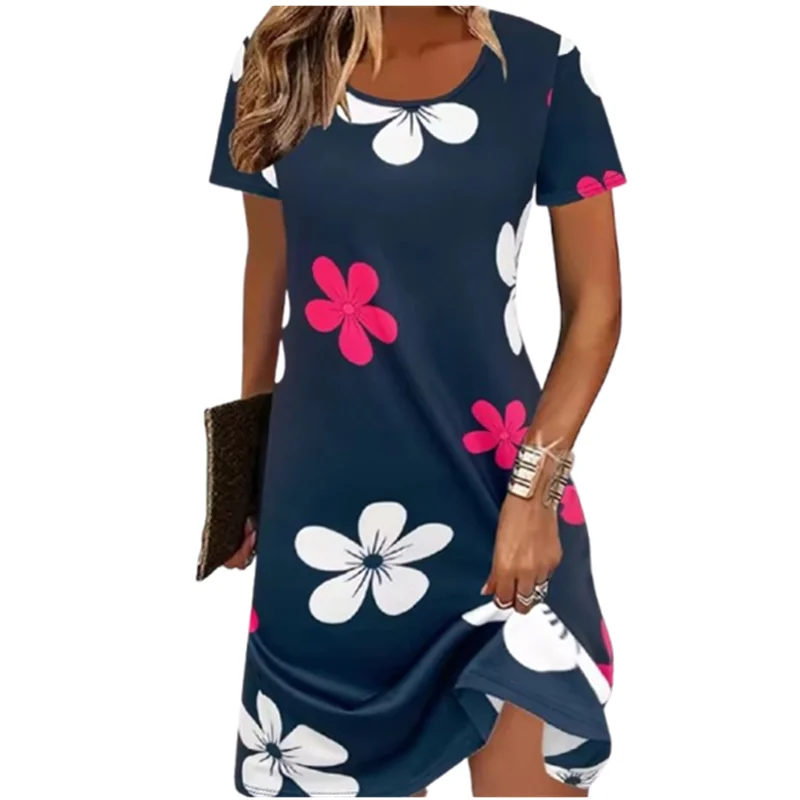 2026 Mode Zomerjurken Dames Casual Abstract Bloemenprint Jurk Casual Korte Mouw Losse A-lijn Jurk Y2k Dameskleding - afbeelding 2