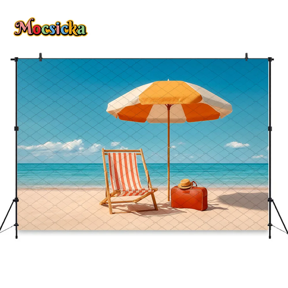 Mocsicka Tropical Summer Beach Backdrop Orange Striped Chair Umbrella Ocean Background Kids Birthday Cake Smash Photo Studio