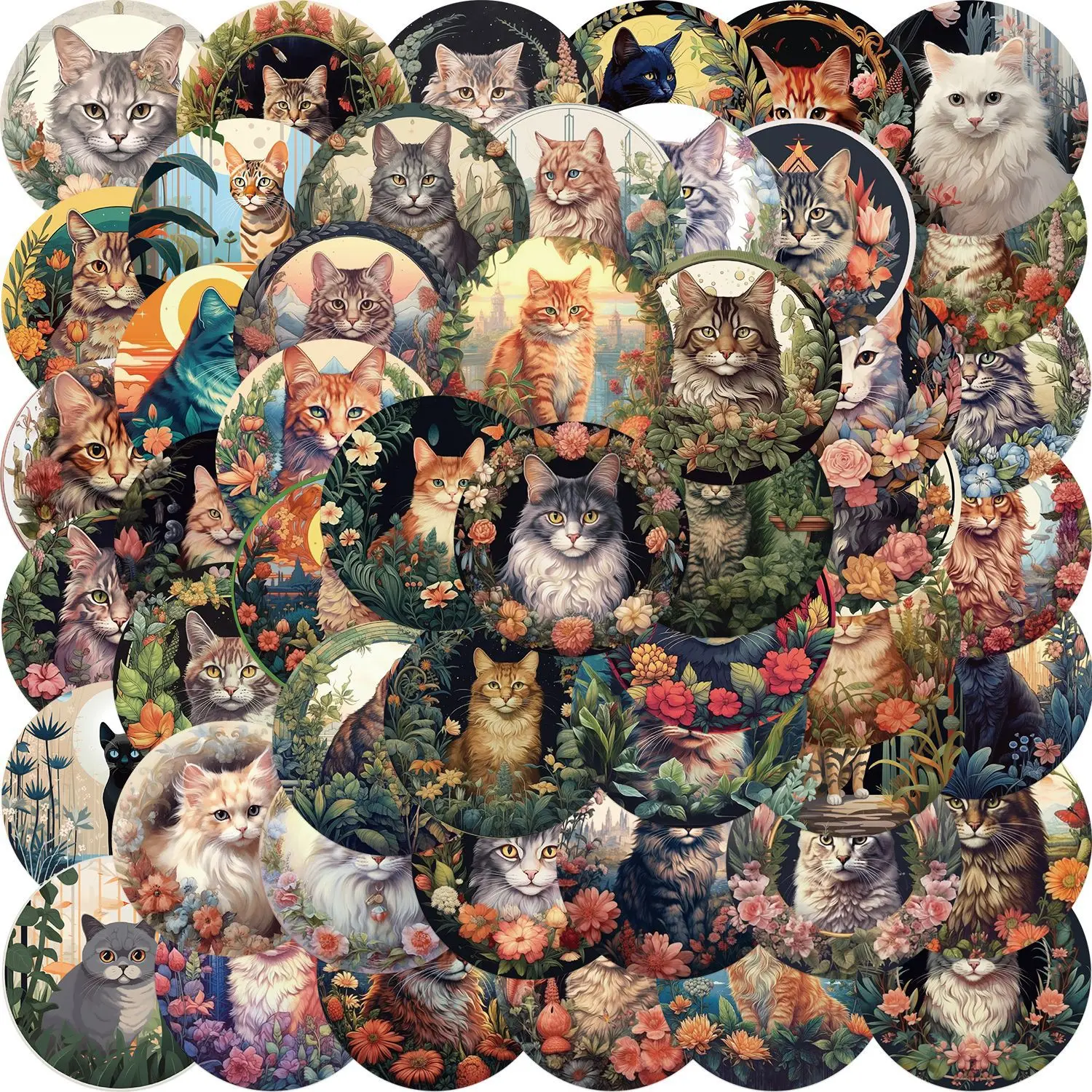 

50Pcs Kawaii DIY Cat Stickers Vintage Toys Flower Decals Decoration Laptop Skateboard Phone Suitcase Bike Car Sticker