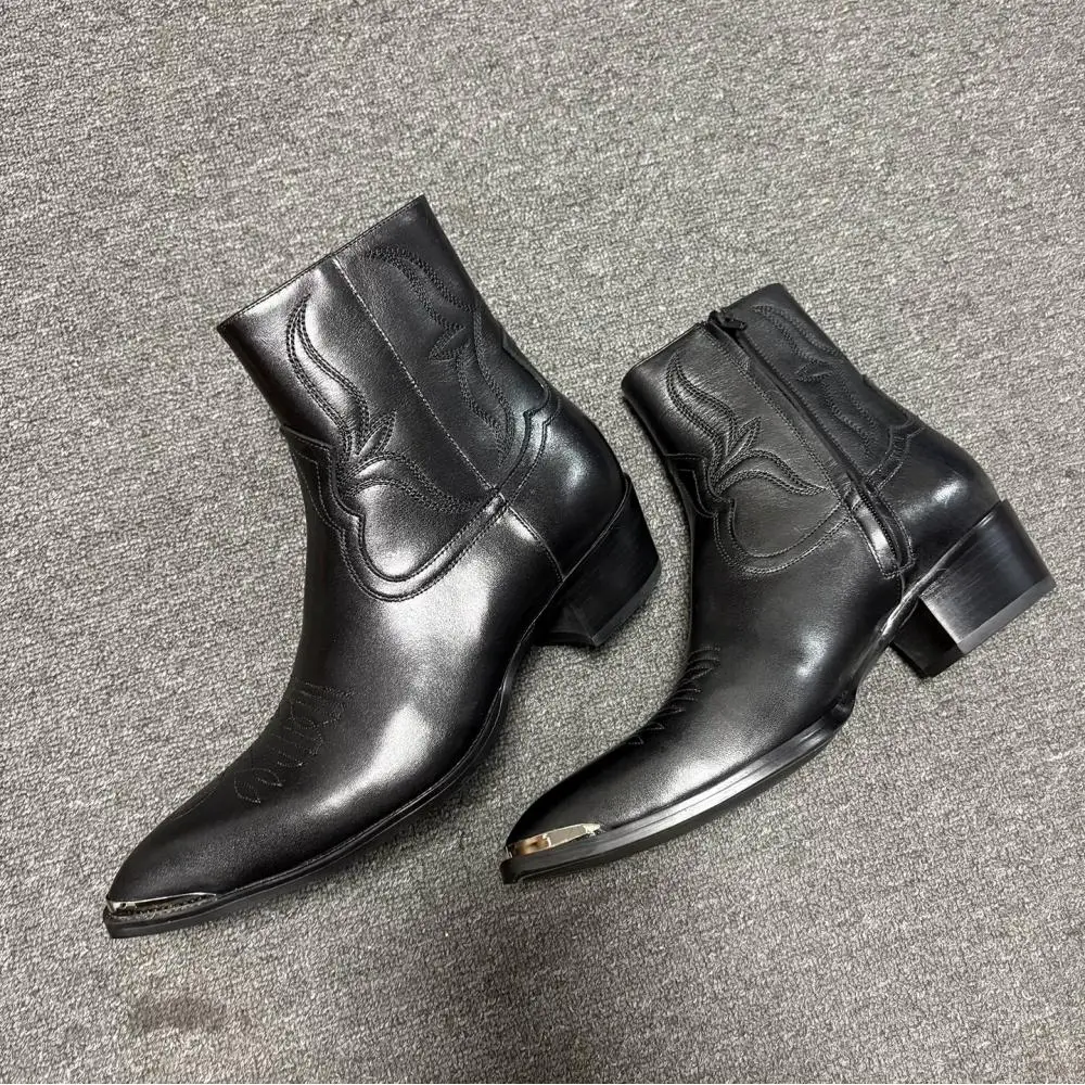 Western Cowboy Men's Ankle Boots Genuine Leather Vintage Embroidered Pointed Toe Metal Toe Cap Side Zip Block Heel Chelsea Boots