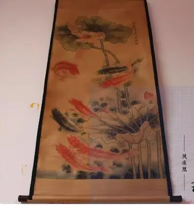 

Rare Hand-painted QingDyansty Chinese vertical axis paintings,Nine fish, hand drawn, free shipping