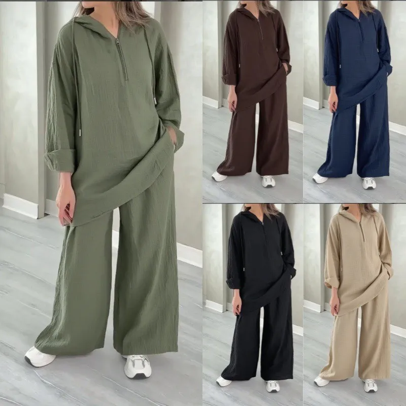 캐주얼 후드 바지 정장 가을 솔리드 컬러 패셔너블 루즈핏 심플 후드 긴팔 상의 와이드 레그 팬츠 투피스 세트