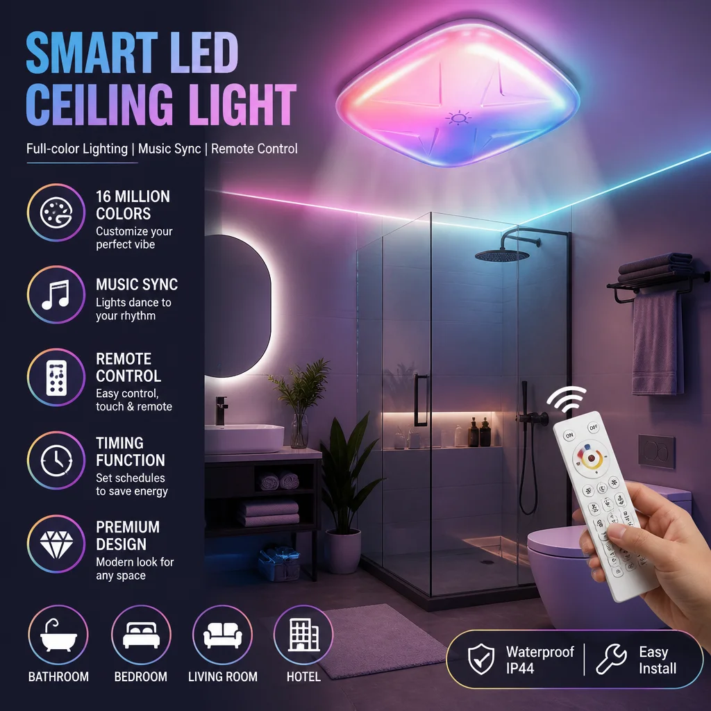 RGB Smart LED Ceiling Light 16M Colors Music Sync IP44 Waterproof Remote Control Home Lighting
