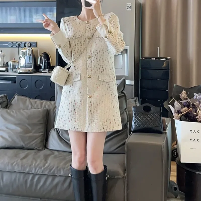 High Quality White Small Fragrance Women Dress O Neck Long Sleeve Casual Loose Korea Elegant Chic Gray French Tweed Mini Dress