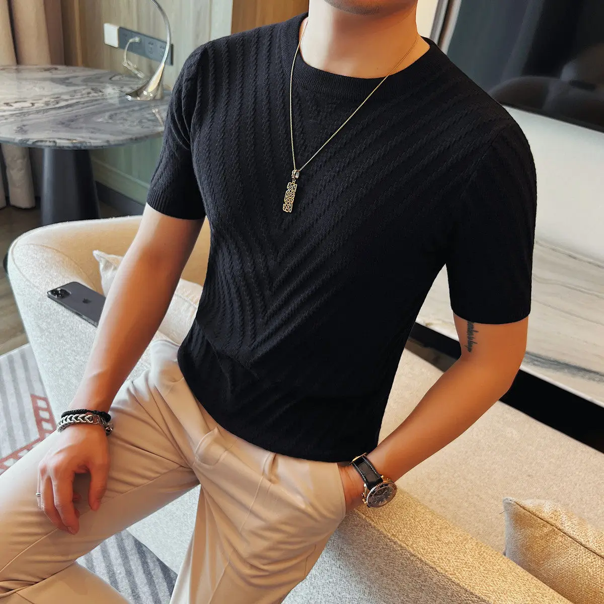 2026 Summer Men's Round Neck Short Sleeved Knitted T-shirt Jacquard Slim Fit Ice Silk Cool Bottom Shirt Casual Business T-shirts