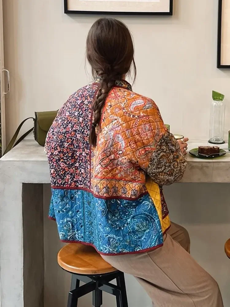 Jaquetas de algodão estampadas patchwork para mulheres, gola com bolsos, casacos chiques, casacos femininos engrossados, tops de outono