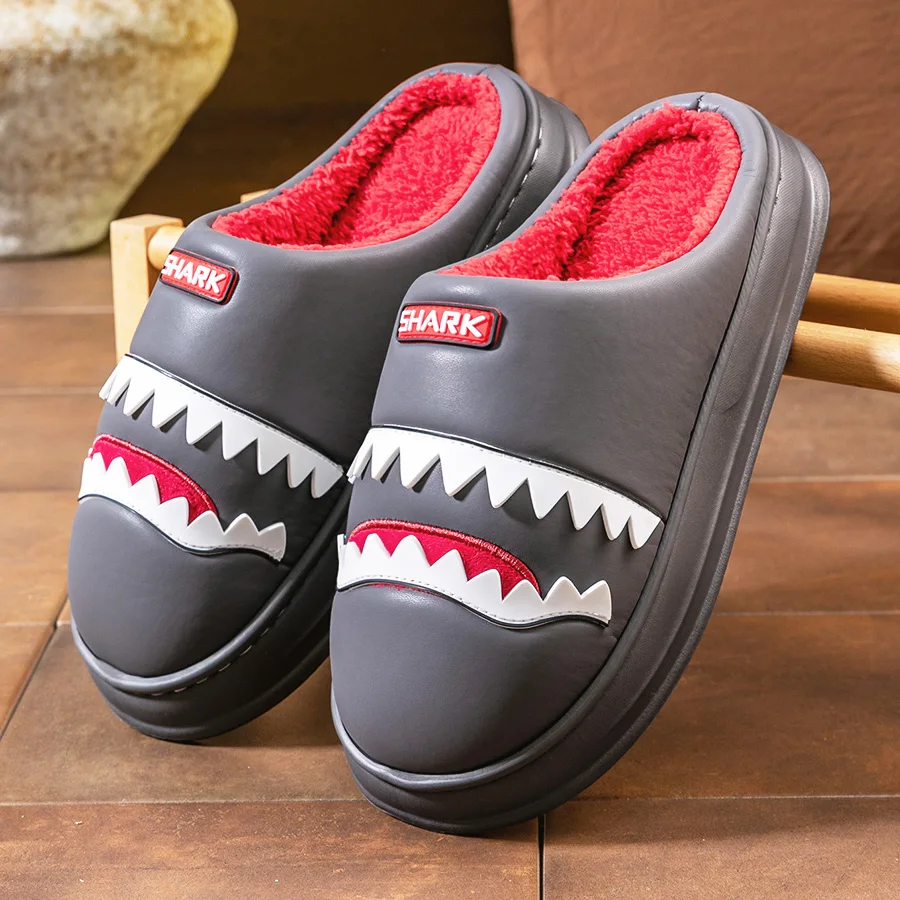 Warm Platform Slippers Men PU EVA Memory foam Soft Shark Cute Design Comfortable Non Slip House Shoes High Quality