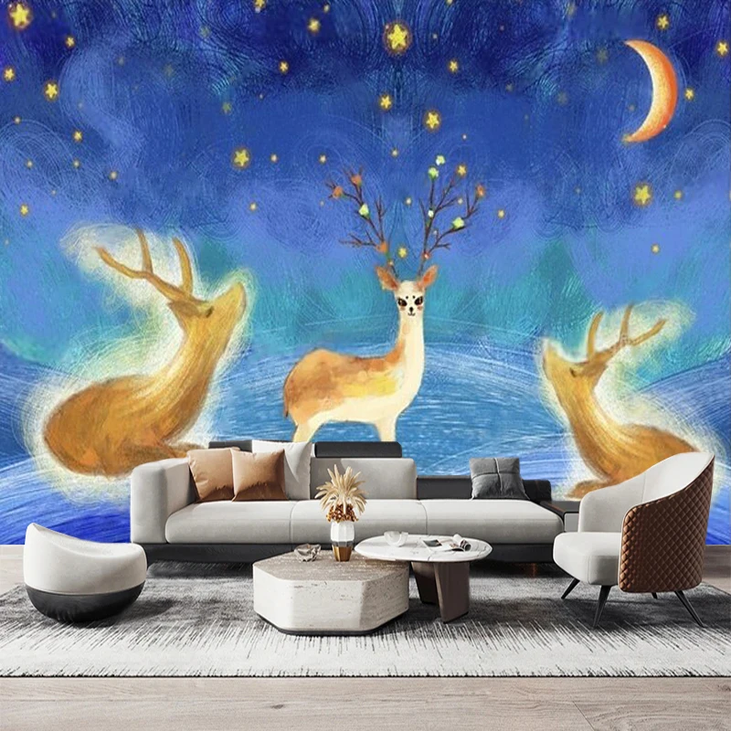 Modern Minimalist Hand-Drawn Colorful Coil-Style Wind Beautiful Starry Sky Little Deer Natural Scenery Living Room TV Background