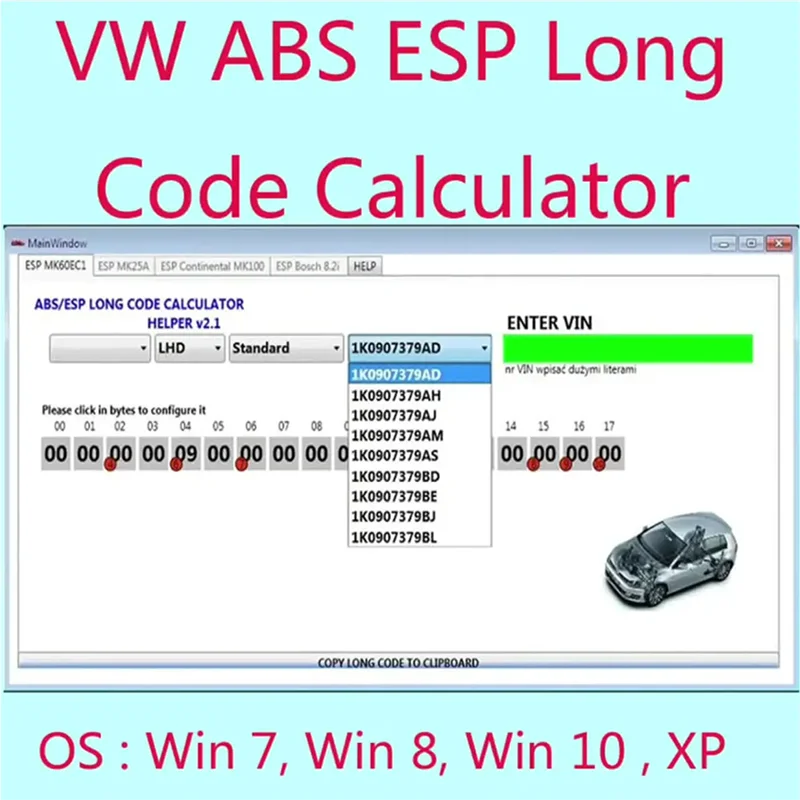 

ABS ESP Long Code Calculator software MK60EC1+ unlimited install+ install vide for VW ABS ESP Long Code Calculator Helper