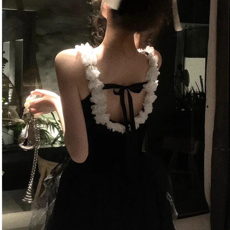 Letnia seksowna sukienka na ramiączkach z dekoltem typu O, bez pleców, damska sukienka, jednolita, wiązana, kwiatowa, bez rękawów, suknia balowa, elegancka, dopasowana bluzka damska.