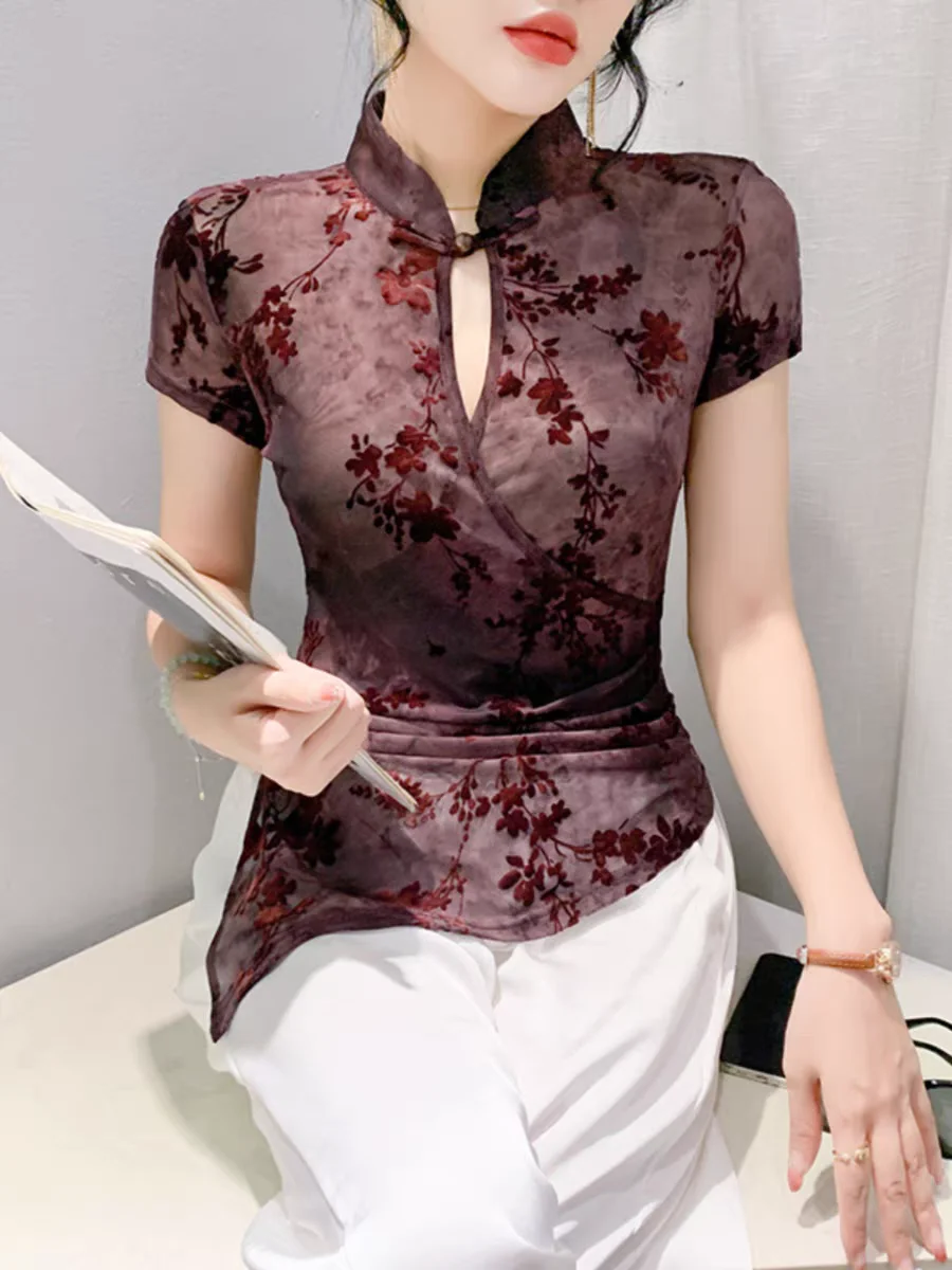 Vintage Chinese Style Stand Collar T-shirt Elegant Women Short Sleeve Flocking Soft Flowers Mesh Tees T Shirts Female Tops