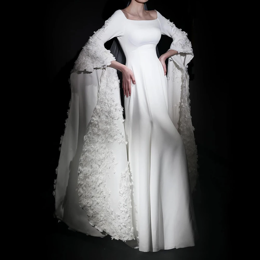 Customized Jersey A-Line Appliques Evening Dress Square Neck Floor Length Long Sleeves Panel Train Bespoke Occasion Gowns