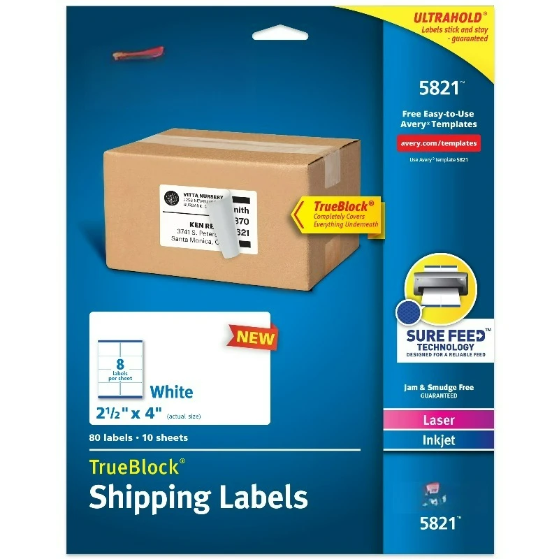 

Shipping Labels, 2-1/2" x 4", Paper, White, TrueBlock®, Laser/Inkjet, 80 Labels (5821)
