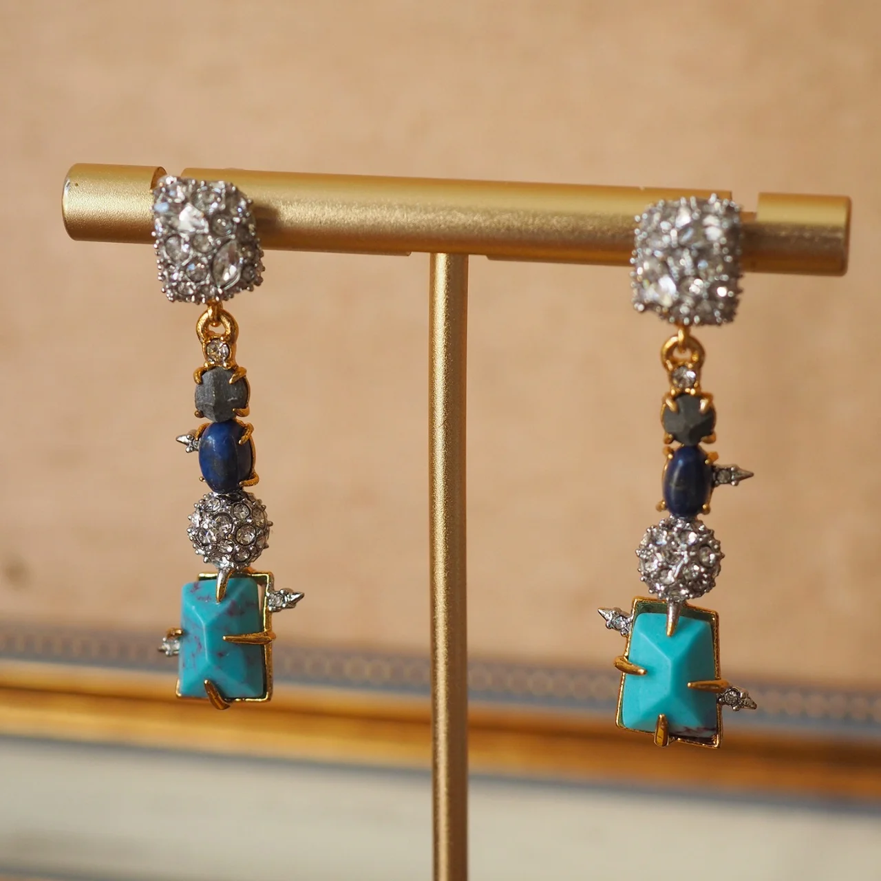 

Luxury Designer Turquoise Women Jewelry 18K Gold Filled Facet Blue Stone Oval Lapis Moissanite Ear Drop Dangles Special Earring