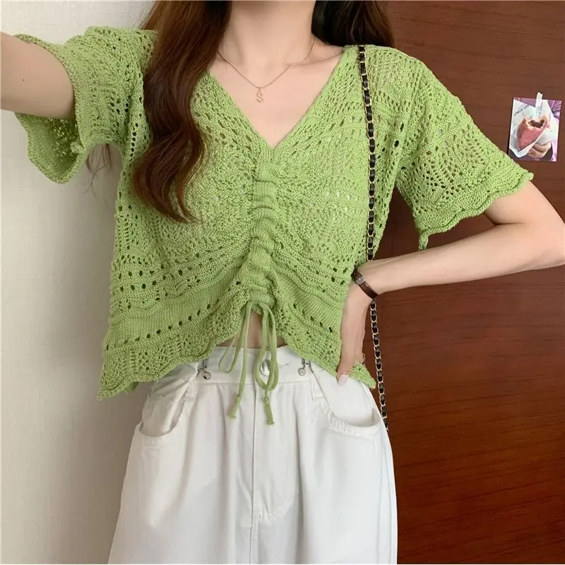 

Summer New Drawstring Lady V-neck Short Hollow Knitted Women's Hollowed out Short Sleeved Top Sweater Green