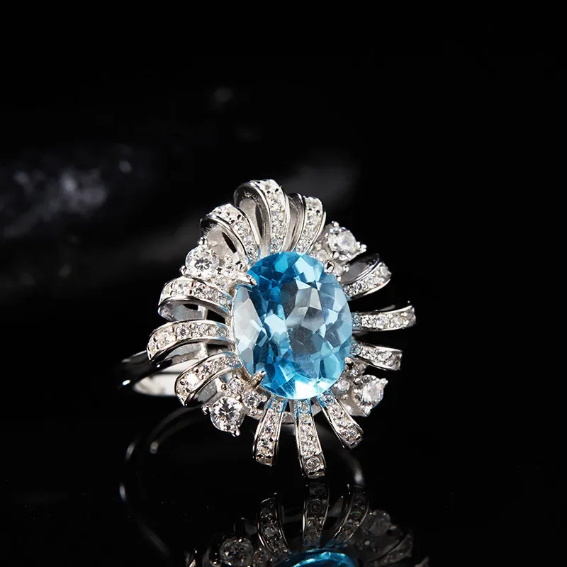 Live stream new S925 sterling silver inlaid with natural citrine topaz colored treasure ring women's high-end hollow flower