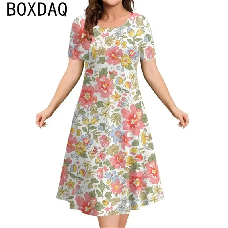 

Big Size Women's Dress Vintage Floral Print Elegant Loose A-Line Dress Female Short Sleeve O-Neck Summer Simple Dress Vestidos