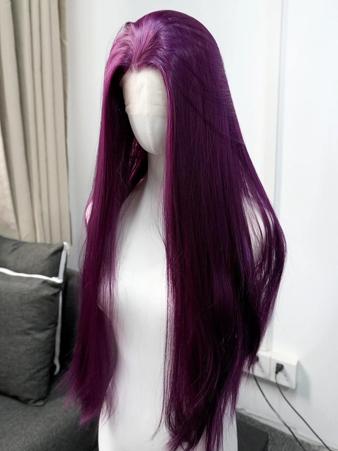 Plum Purple Long Straight Wig Bright Purple Synthetic Wig 13*4 Lace Front Wig 26 Inches Free Part Pre-Plucked Hairline Cosplay