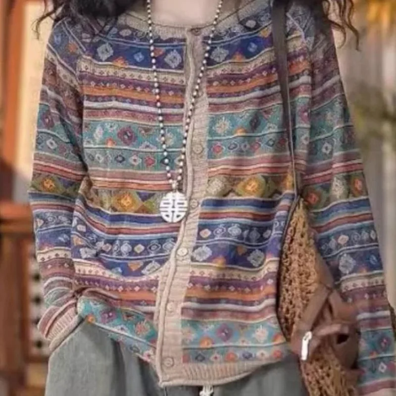 

Вязаный кардиган в богемном стиле с круглым вырезом и принтом, свободный свитер с длинными рукавами