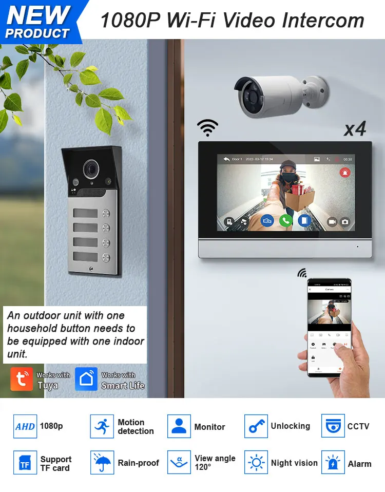 New 7 Inch WiFi Video Intercom for 2~4 Apartments Door Access Control System Tuya Smart APP Remote Unlock,Call / Touch Screen