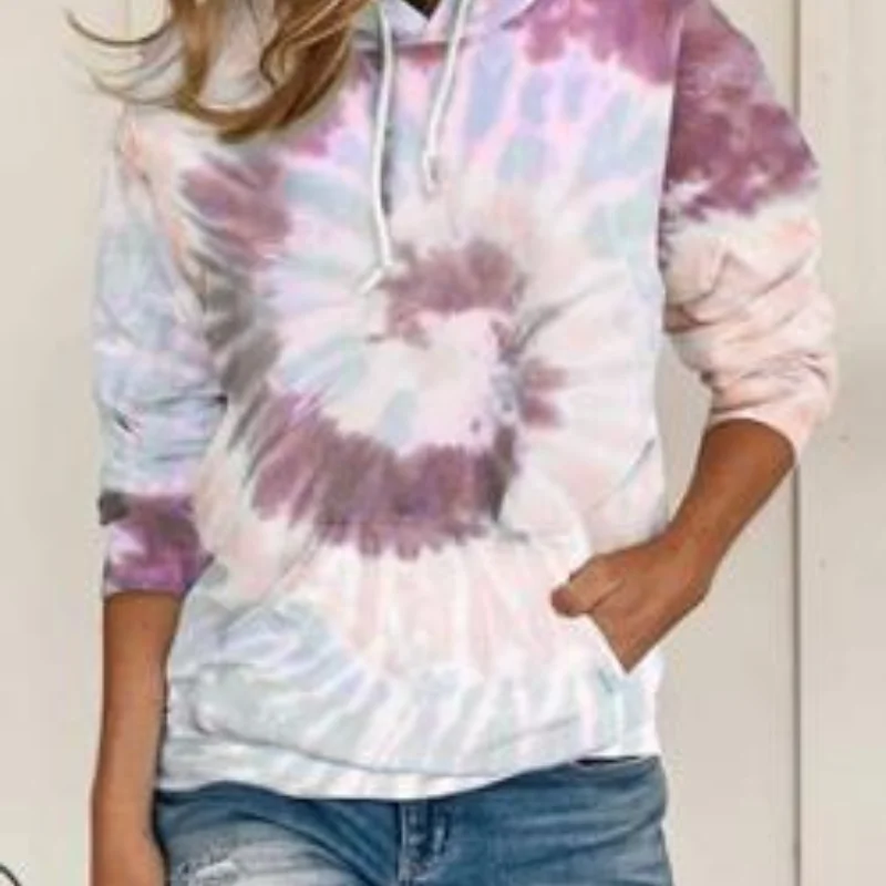 2024 Autumn/Winter European and American Women\'s Loose Tie Dye Printed Hooded Long Sleeved Hoodie