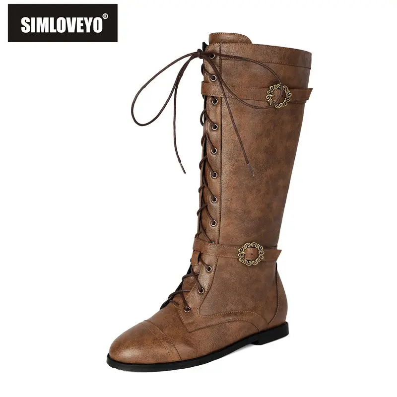 SIMLOVEYO Beige Female Male Tall Footwear Rounded Toe Box Level Zip Tie Upper Strap Buckle Large Sizes 46 47 48 Comfort Boots