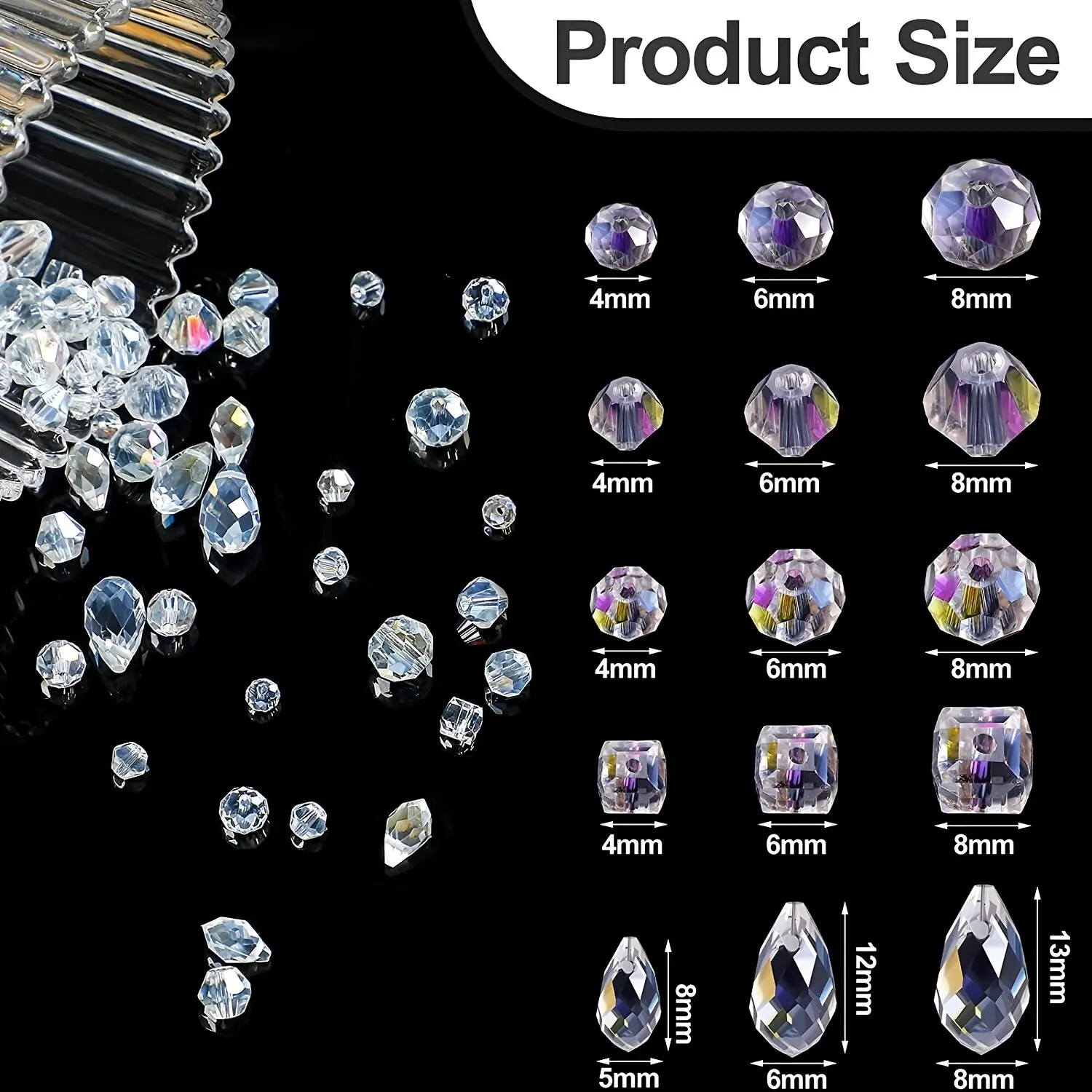 300pcs Mixed Sizes Crystal Rondelle Light AB Gems Loose Beads Clear Crystal Glass Crafts Shiny Jewelry DIY Necklace Kit