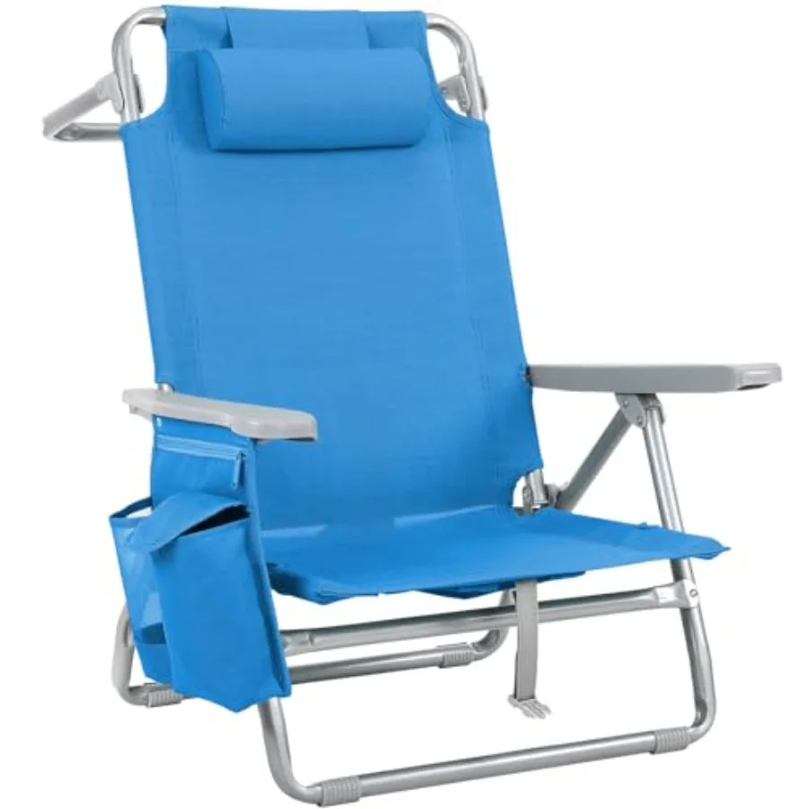 

Beach chair for adults, polyester fabric, blue, 5-position lay-flat reclining with headrest, storage bag, cooler pouch, towel b