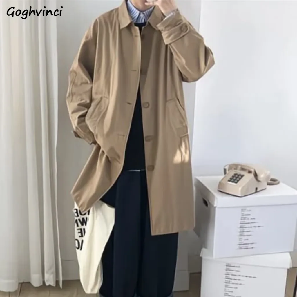 

Мужской тренч с отложным воротником, однобортный, длинный, универсальный, повседневный, в стиле Харадзюку, свободного кроя, в уличном стиле