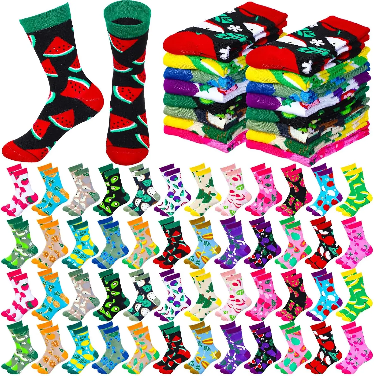

48 Pairs Colorful Fruit Pattern Crew Socks Bulk for Women Men, Novelty Gifts