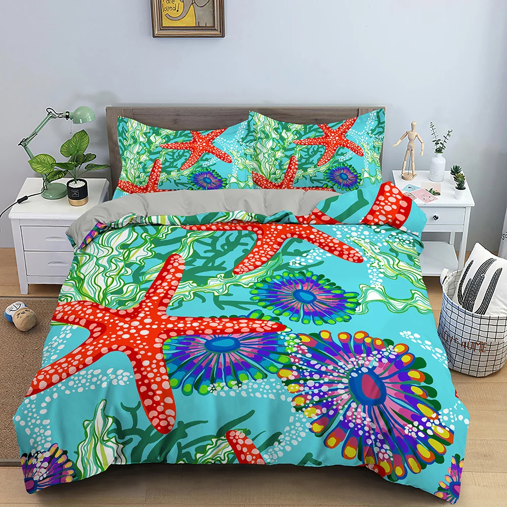 3D Starfish Seashell Duvet Cover Beach Sea Life Quilt Cover with Pillowcase Single Twin Queen King Size for Kids Bedclothe Decor