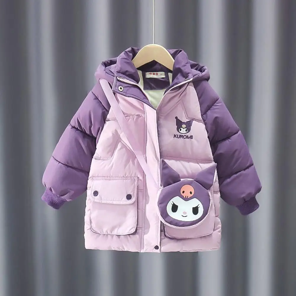 Anime Sanrio Kuromi Girls Plus Velvet Padded Jacket Medium Length Quilted Jacket Kids Cartoon Warm Coat Winter Child Clothing