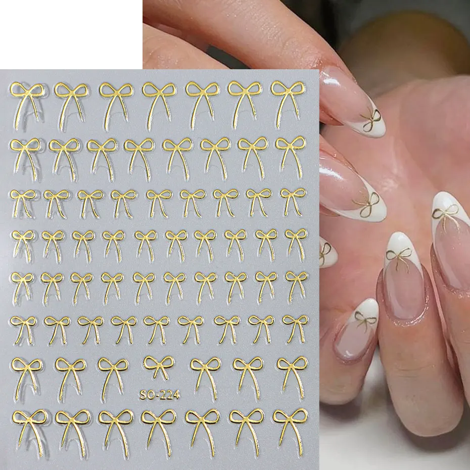 8pcs Mixed Color Bow Nail Art Stickers 3D Cute Red Black Pink bowknot Nail Charms Foils Y2K Gold Laser Effect Bow Manicure Decor image 3