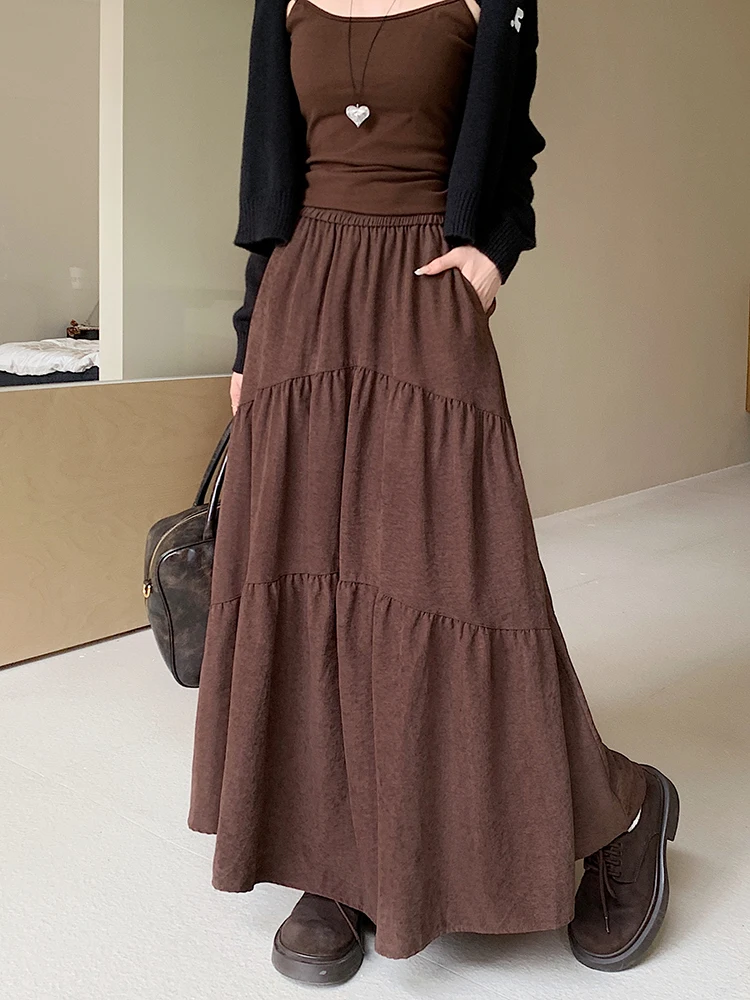 Vintage Elastic High Waist A-Line Skirts Women Patchwork Long Skirt Autumn Winter New 2024 Loose Casual Skirt with Pocket Trendy