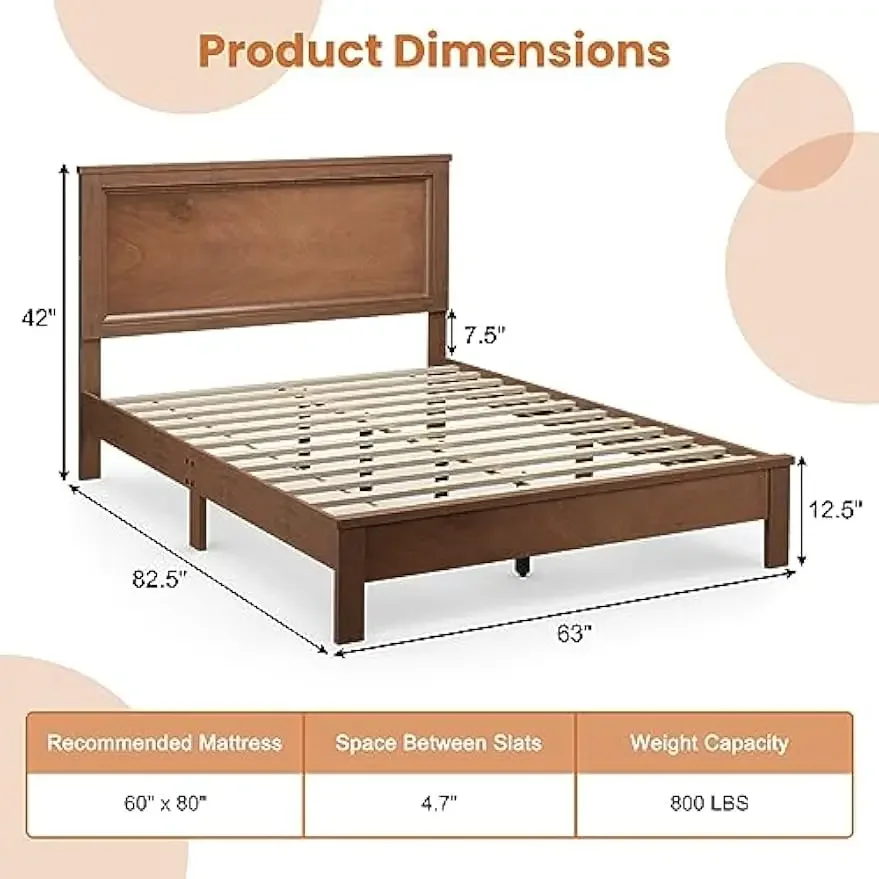 Wood QueenBed Frame with Headboard Walnut, Mid Century Bed Frame with Solid Wood Legs & Wooden Slat Support, Pallet Bed