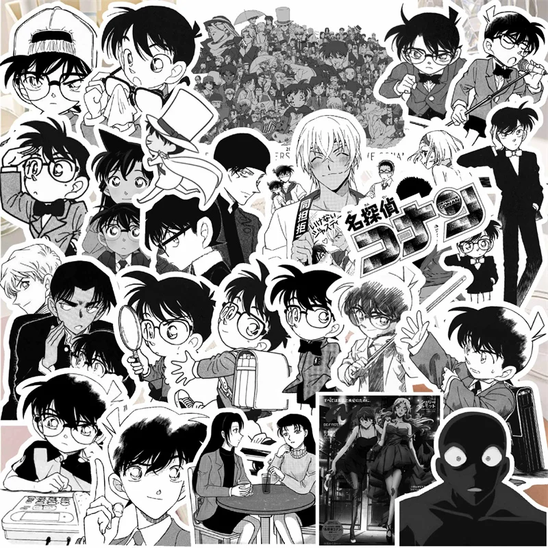 Pegatinas de Anime de Detective Conan, decoración animada de Manga, Maleta, álbum de recortes, papelería, portátil, calcomanía para niños, blanco y negro, 68 unidades por lote