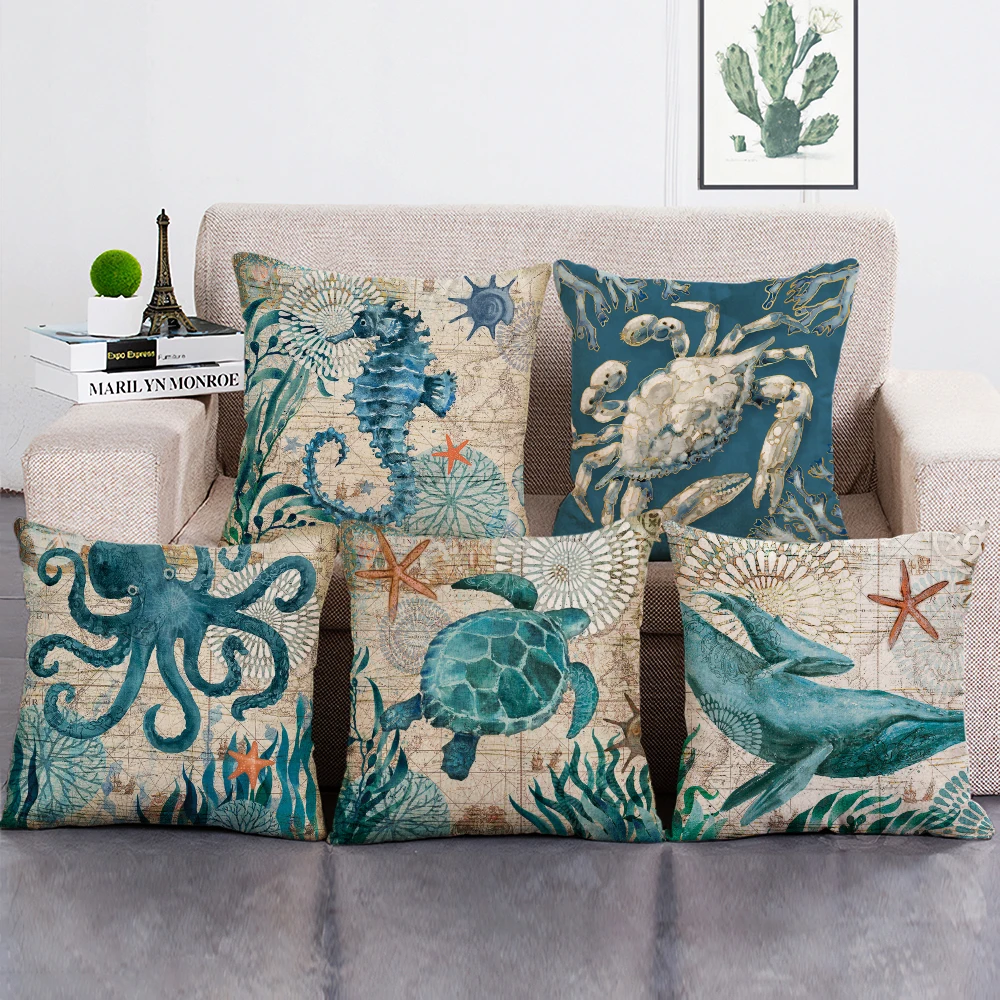 Sea Turtle Print Cushion Cover Marine Ocean Sea Horse Home Decor Pillowcase Octopus Sofa Throw Pillow Case